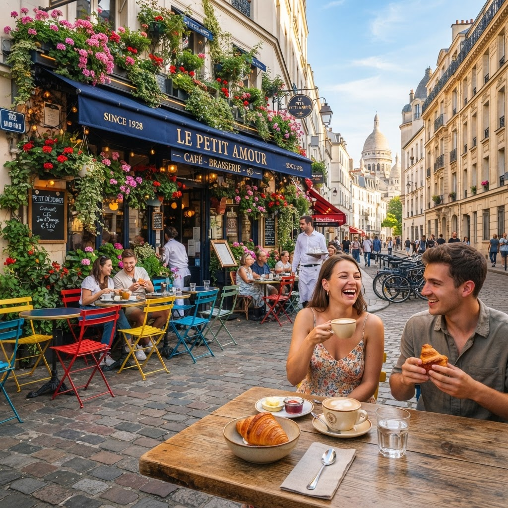 Sunlit Parisian cafe table with coffee and croissants